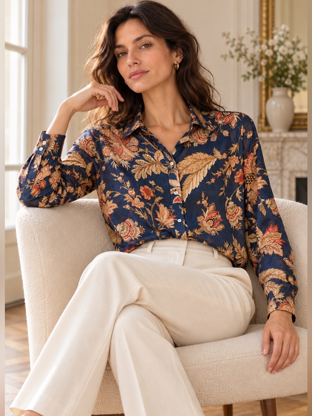 Sézane Pierro Navy Floral Cotton Silk Shirt 42 US 10